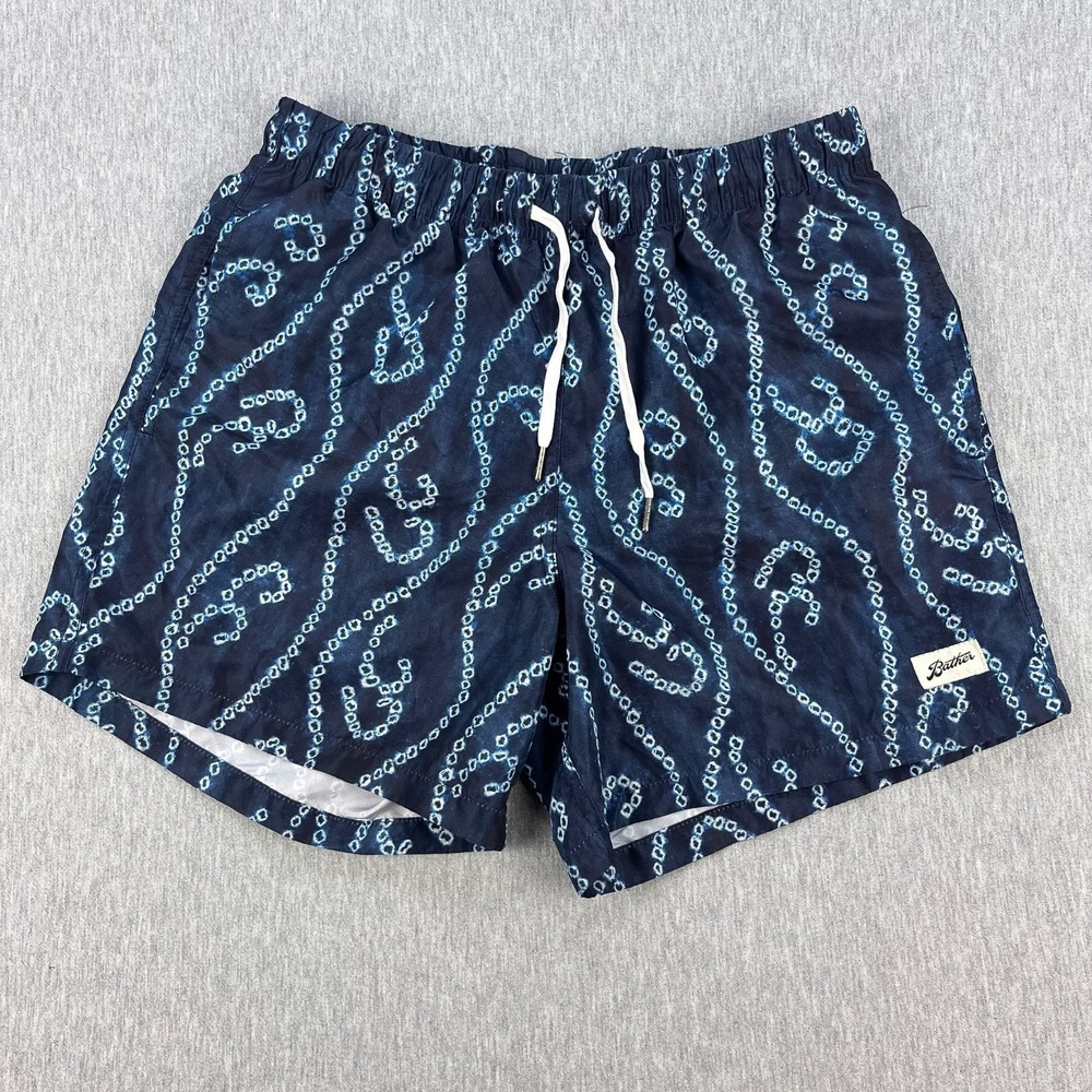Bather Hook & Loop Swim Trunks Mens M Navy Blue 5" Inseam Mesh-Lined Abstract